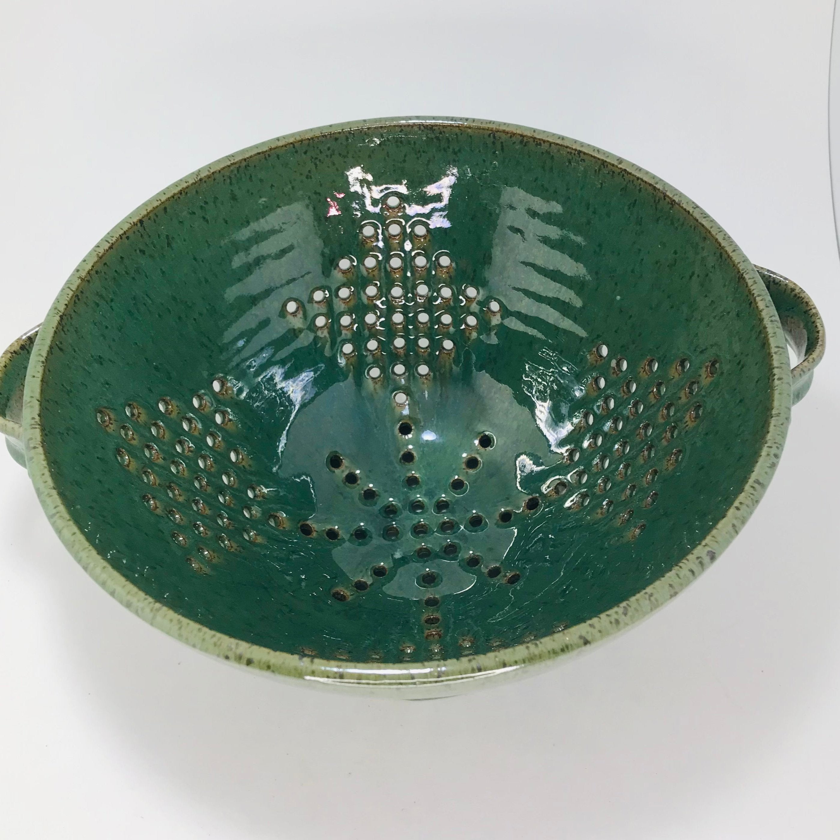 SALE 20% OFF , unique yoga bowl, carved yoga colander, green pottery colander, green good colander, carved colander, large colander